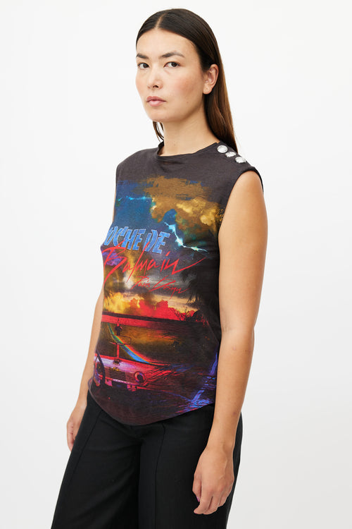 Balmain Black & Multi Linen Graphic Tank