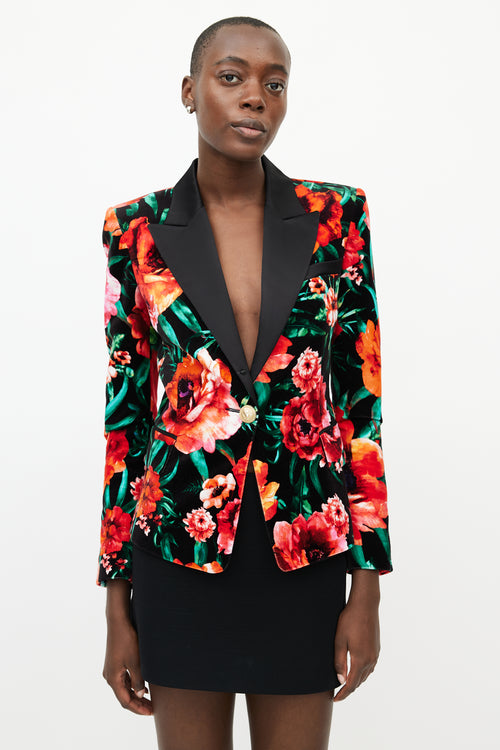 Balmain Black & Multicolour Floral Velvet Blazer