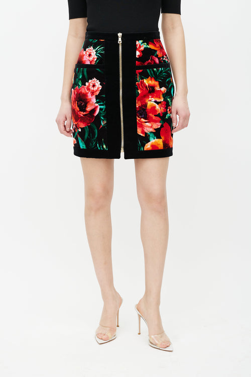 Balmain Black & Multicolour Velour Floral Skirt
