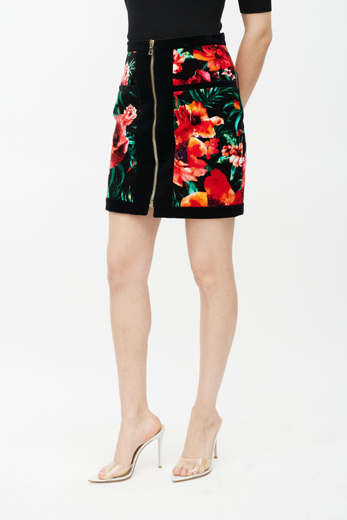 Balmain Black & Multicolour Velour Floral Skirt