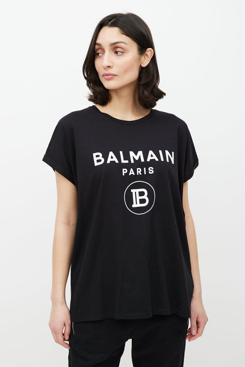 Balmain Black & White Cuffled Logo T-Shirt