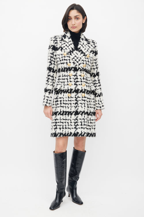 Balmain Black & White Tweed Double Breasted Coat