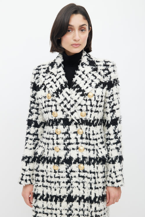Balmain Black & White Tweed Double Breasted Coat