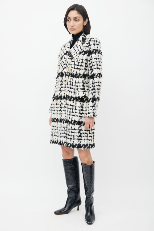 Balmain Black & White Tweed Double Breasted Coat