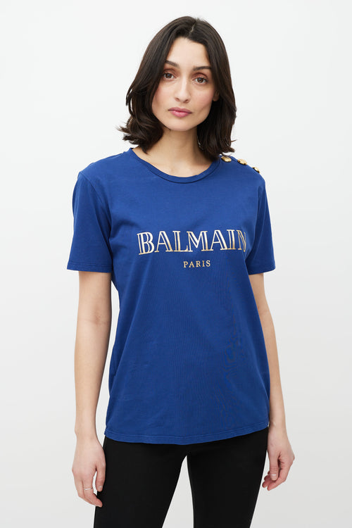 Balmain Blue & Gold Logo T-Shirt