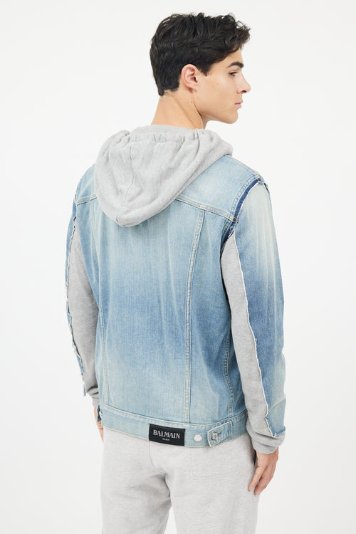 Balmain Blue & Grey Hybird Sweatshirt Denim Jacket