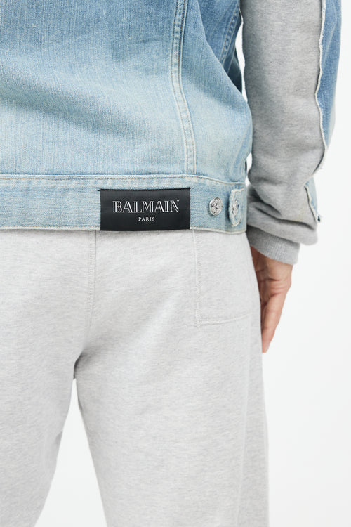 Balmain Blue & Grey Hybird Sweatshirt Denim Jacket