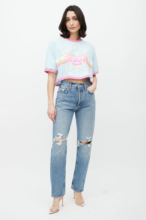 Balmain Blue & Multicolour Cropped Logo T-Shirt