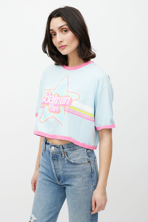 Balmain Blue & Multicolour Cropped Logo T-Shirt