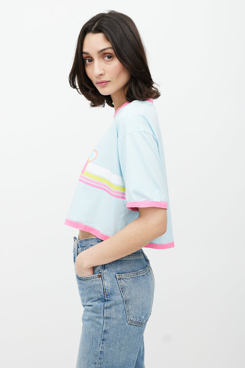 Balmain Blue & Multicolour Cropped Logo T-Shirt