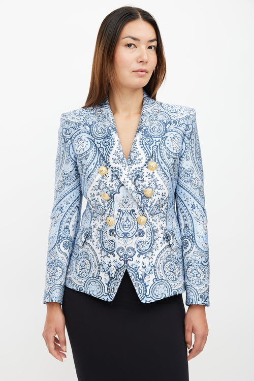 Balmain Blue & White Paisley Classic 6 Button Blazer