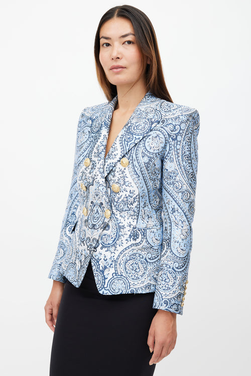 Balmain Blue & White Paisley Classic 6 Button Blazer