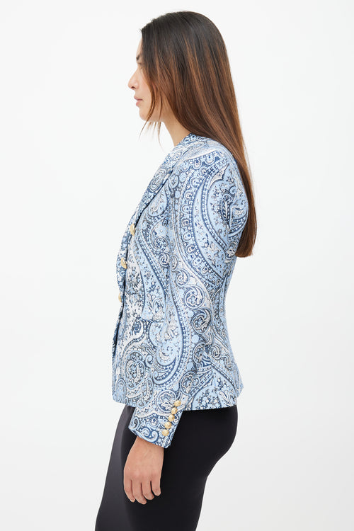 Balmain Blue & White Paisley Classic 6 Button Blazer