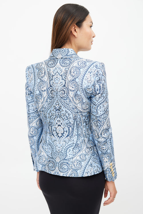 Balmain Blue & White Paisley Classic 6 Button Blazer