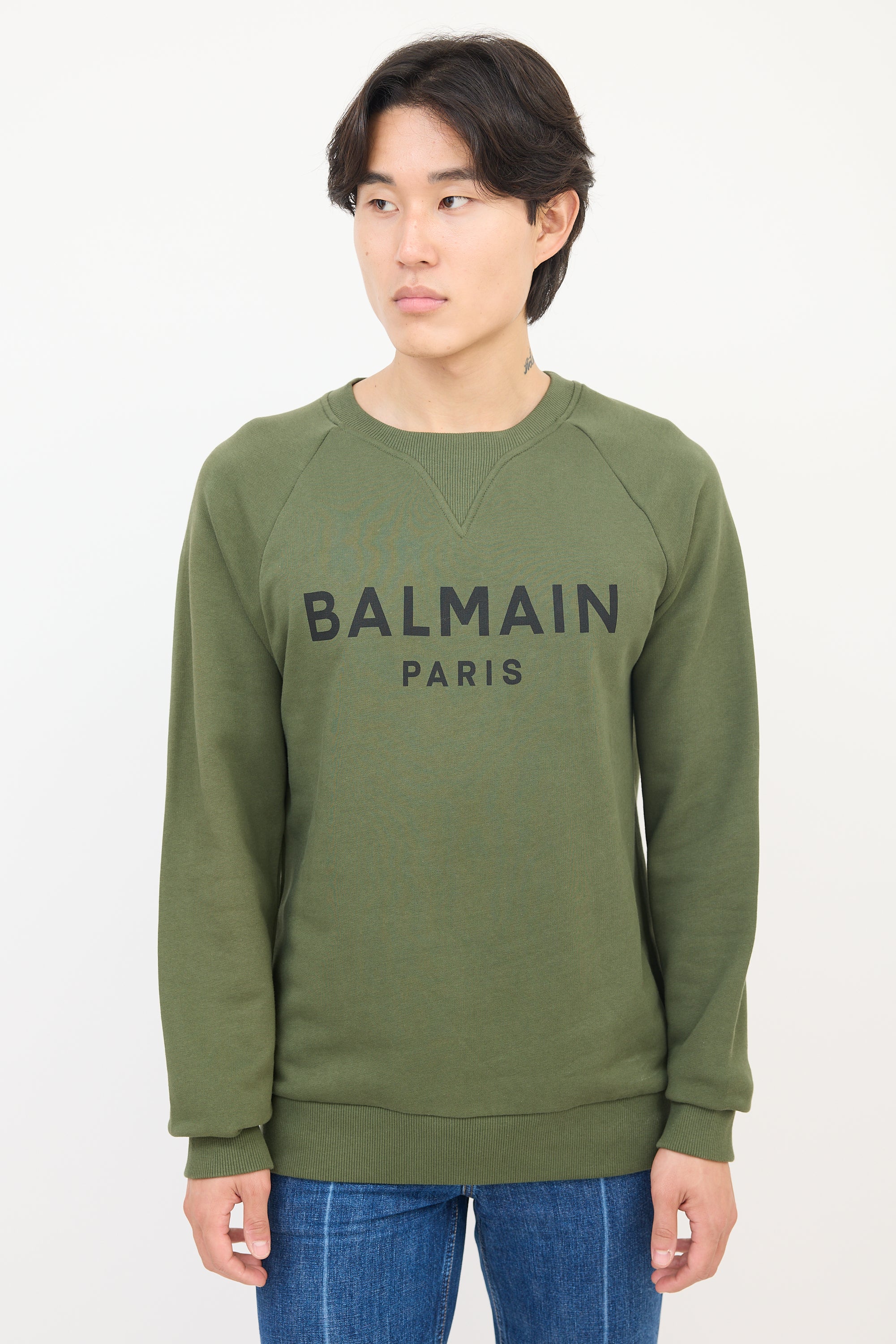 Balmain Green Cotton Logo Crewneck