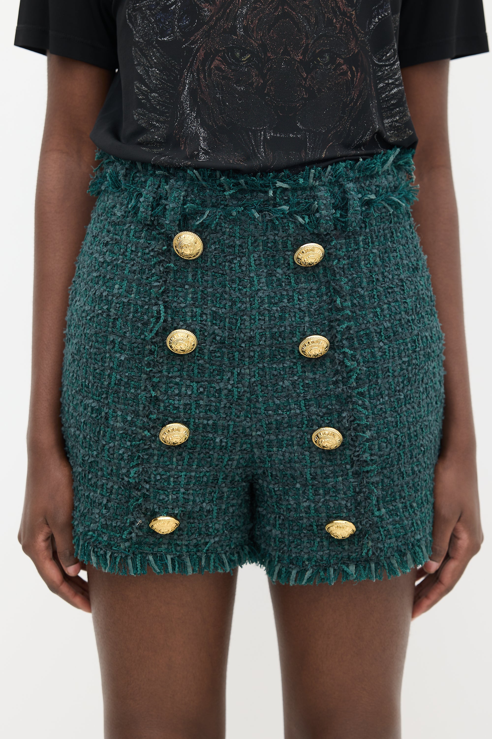 Balmain Green Fringe Button Shorts