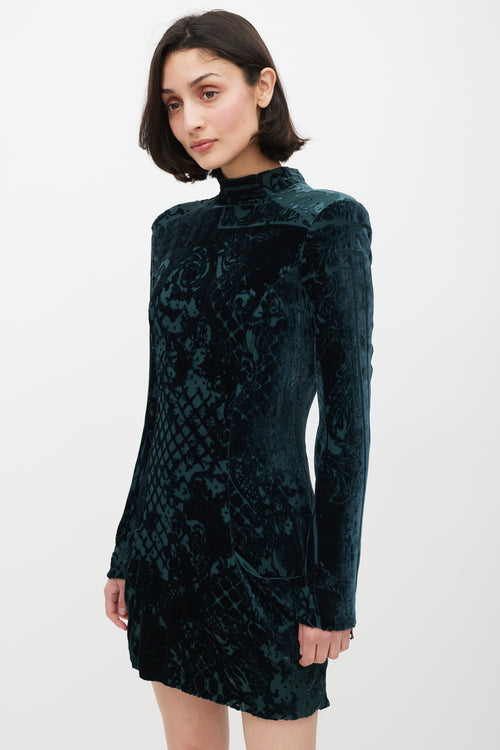 Balmain Green & Gold Velour Paisley Dress
