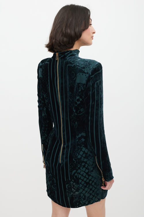 Balmain Green & Gold Velour Paisley Dress