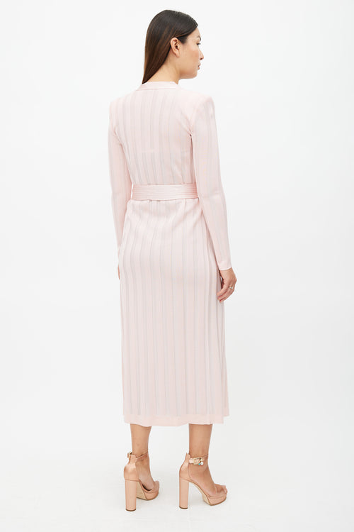 Balmain Pink Ribbed Long Belted Cardigan