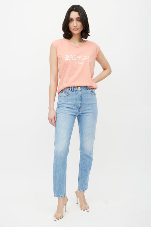 Balmain Pink & Silver Sleeveless Logo Top