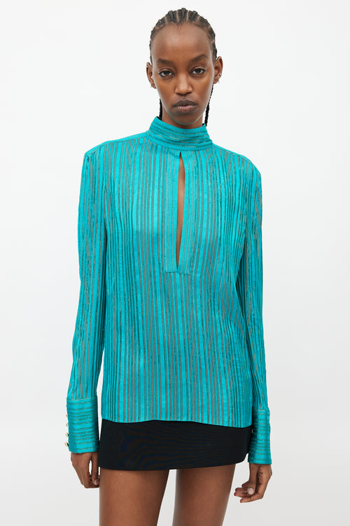 Balmain Teal & Gold Striped Metallic Top