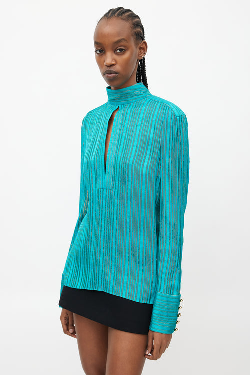 Balmain Teal & Gold Striped Metallic Top
