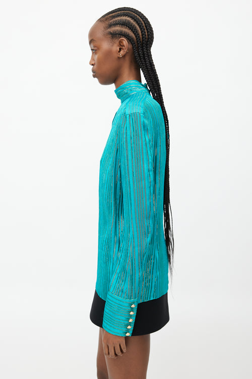 Balmain Teal & Gold Striped Metallic Top