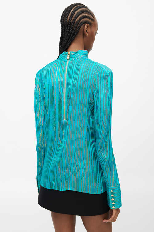 Balmain Teal & Gold Striped Metallic Top