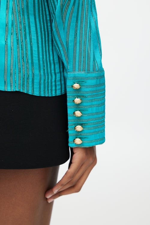 Balmain Teal & Gold Striped Metallic Top