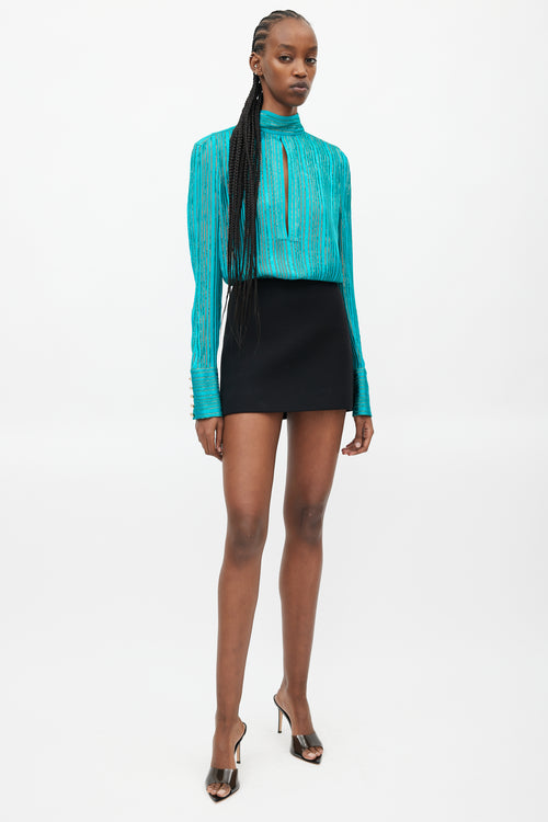 Balmain Teal & Gold Striped Metallic Top