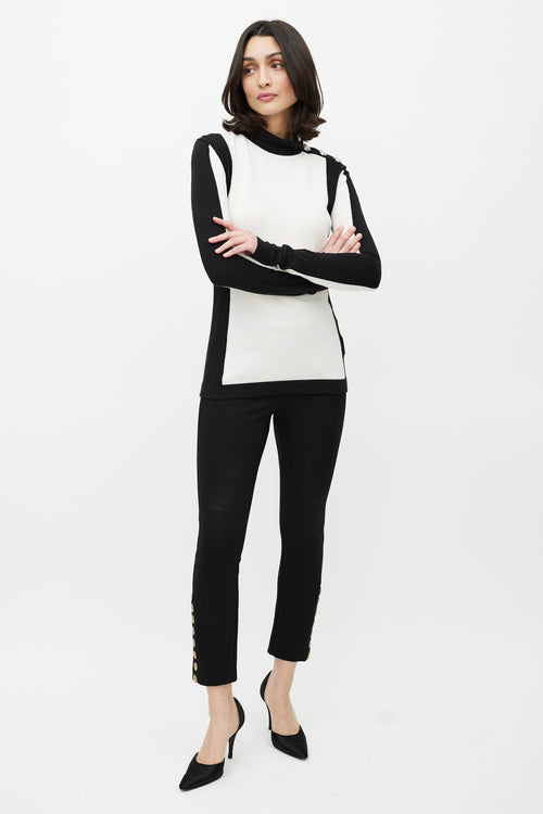 Balmain White & Black Cashmere Button Top