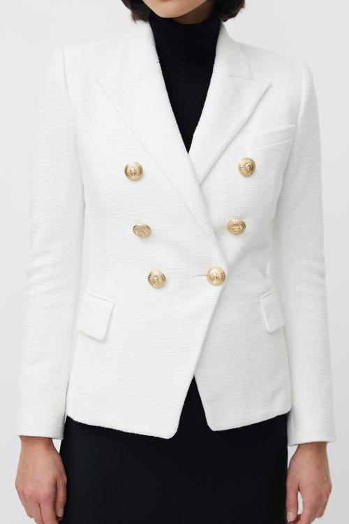 Balmain White & Gold Woven Double Breasted Blazer