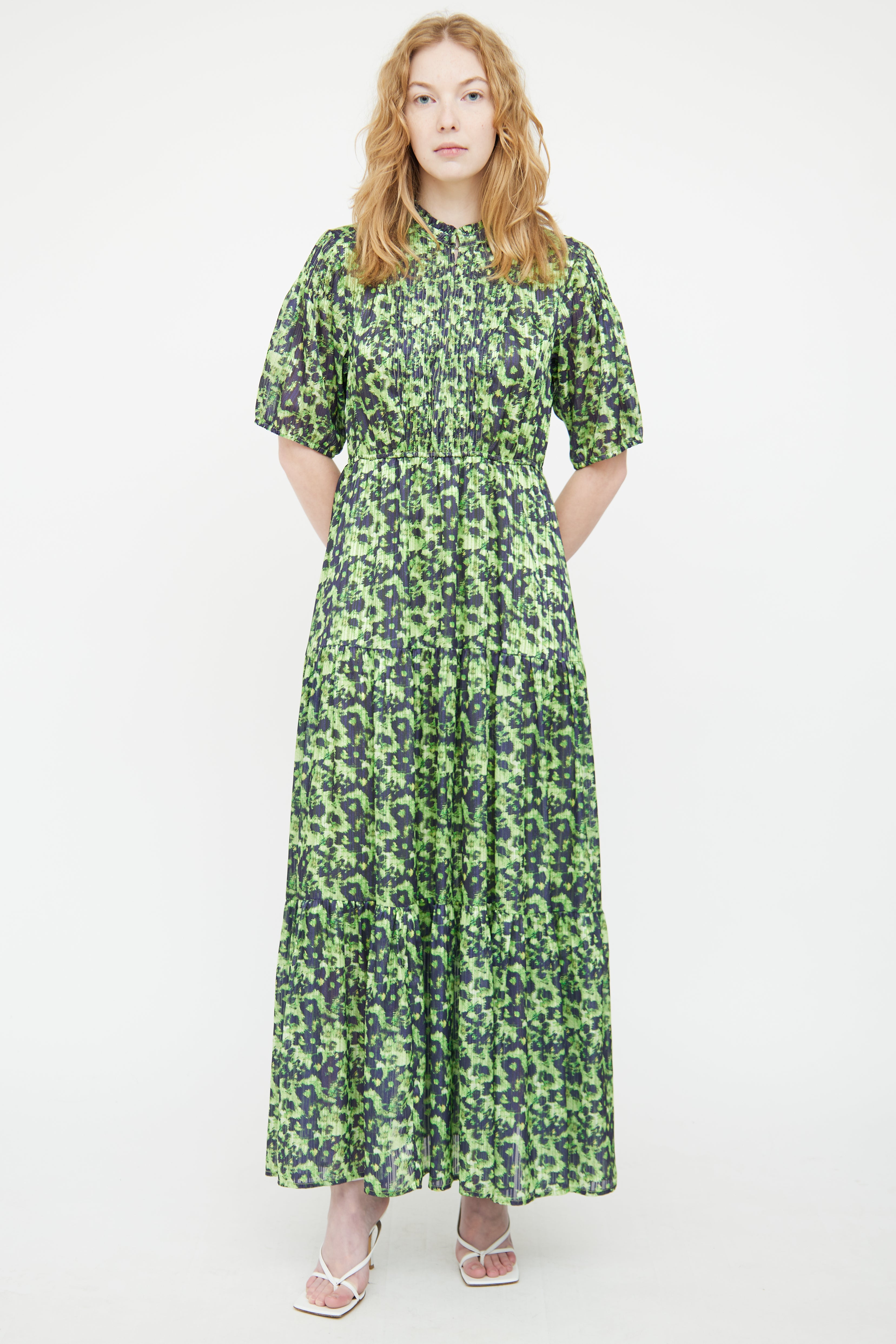 Birgitte Herskind Green & Black Pleated Patterned Dress