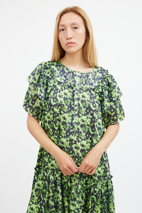 Birgitte Herskind Green & Navy Floral Tiered Midi Dress