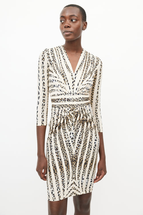 Blumarine Brown & Beige Print V-Neck Dress