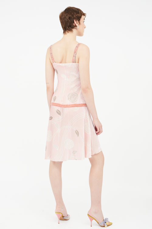Blumarine Pink & Grey Velvet Floral Dress