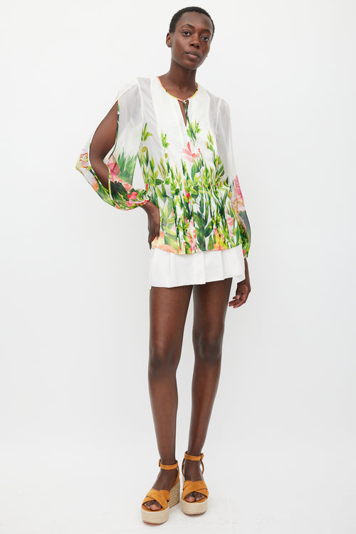 Blumarine White & Multicolour Floral Silk Pleated Top