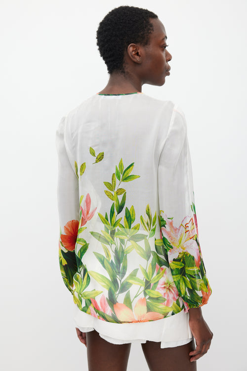 Blumarine White & Multicolour Floral Silk Pleated Top