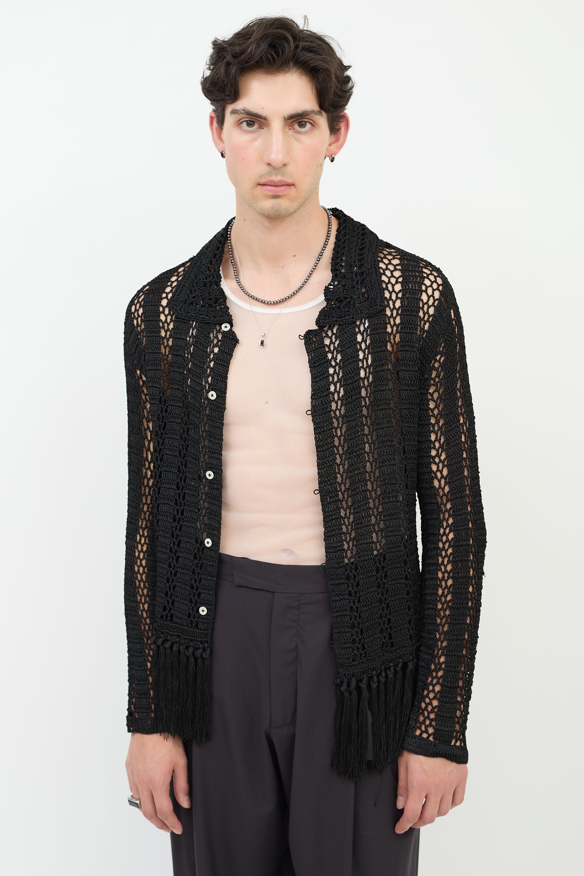 Bode Black Crochet Fringe Shirt