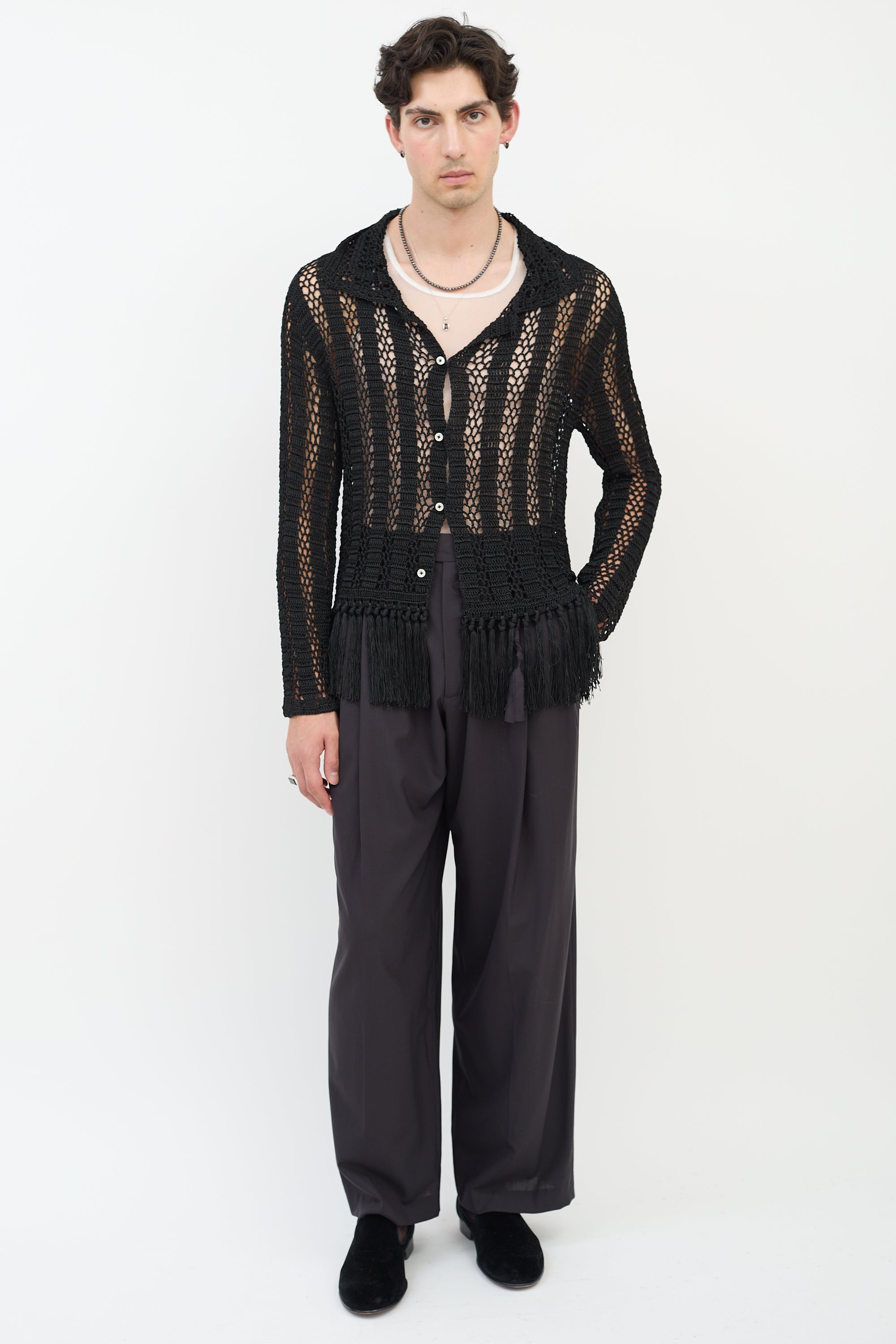 Bode Black Crochet Fringe Shirt