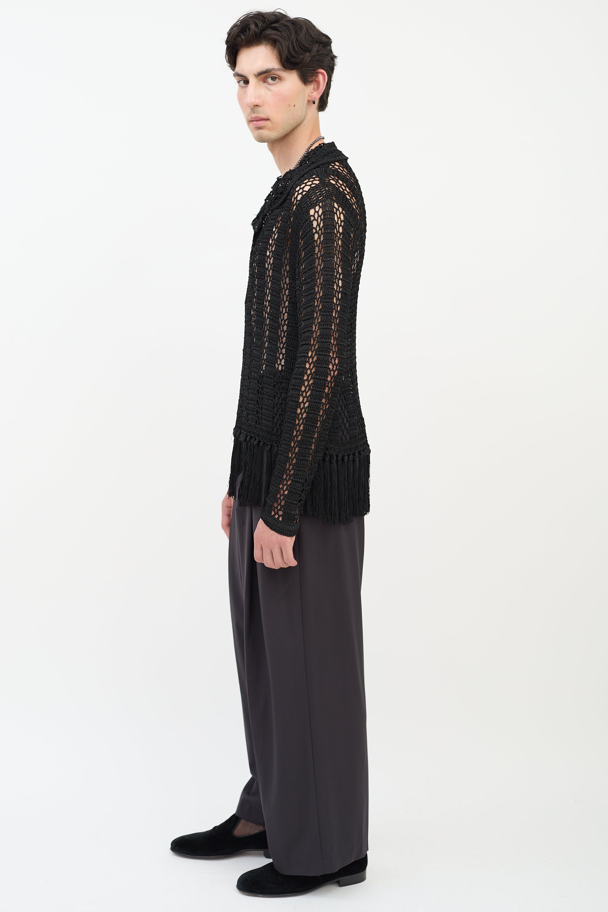 Bode Black Crochet Fringe Shirt