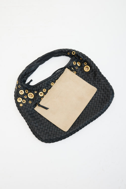 Bottega Veneta Black Intrecciato Leather & Gold Grommet Bag