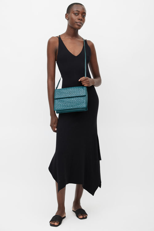 Teal Intrecciato Woven Crossbody Bag