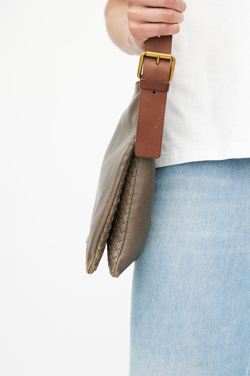 Bottega Veneta Grey & Brown Intrecciato Leather Crossbody Bag