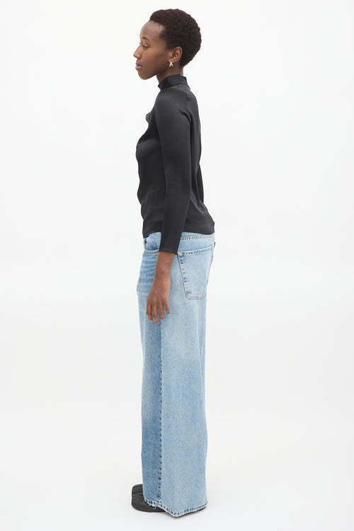 Brandon Maxwell Black Silk Draped High Neck  Top