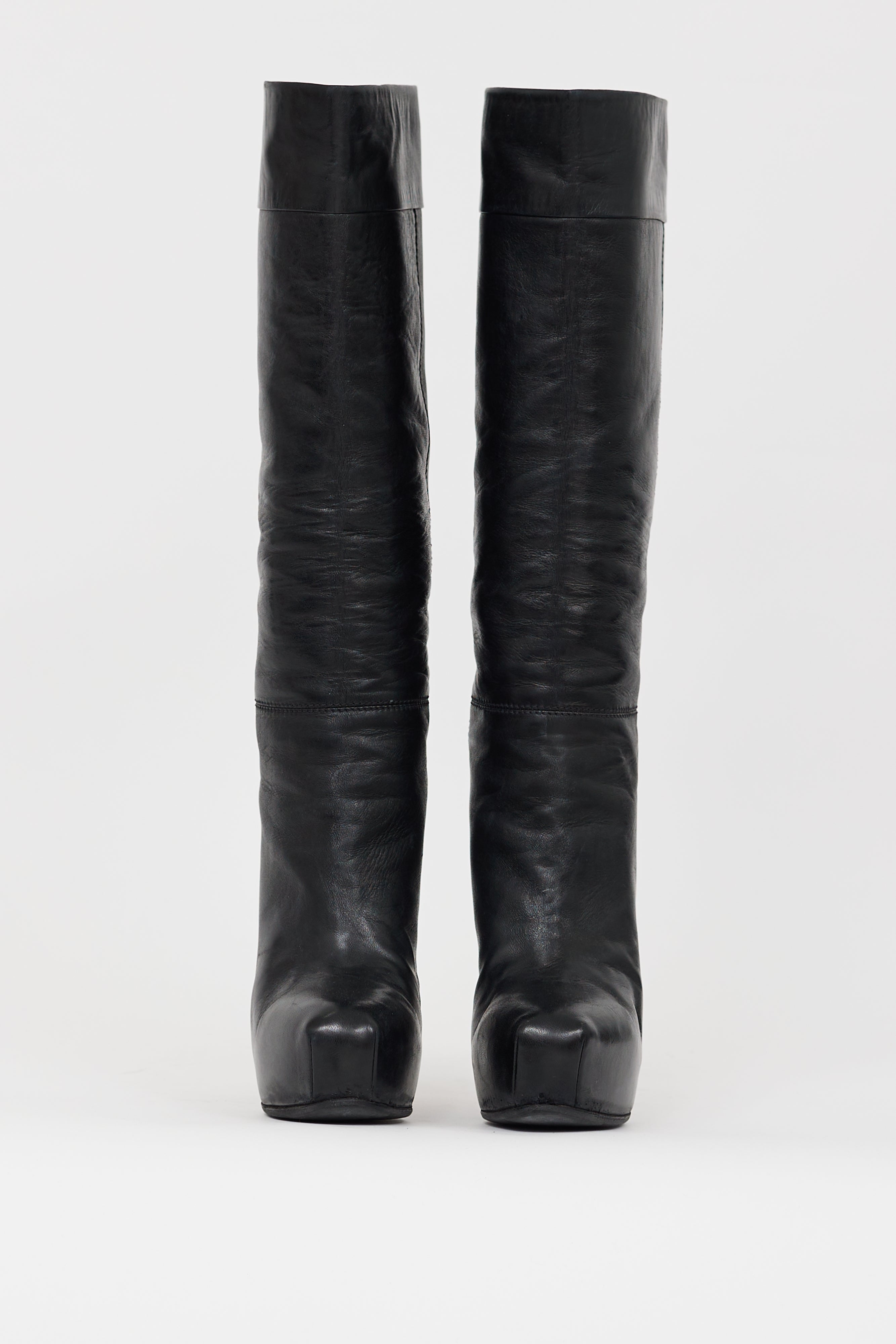 Brian Atwood Black Leather Concealed Platform Knee High Boot