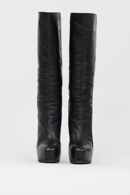 Brian Atwood Black Leather Concealed Platform Knee High Boot