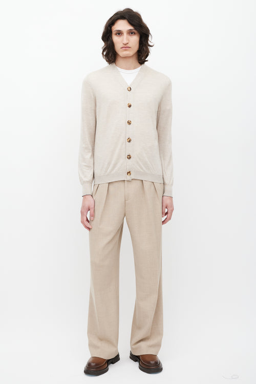 Brunello Cucinelli Beige Cashmere & Silk V-Neck Cardigan