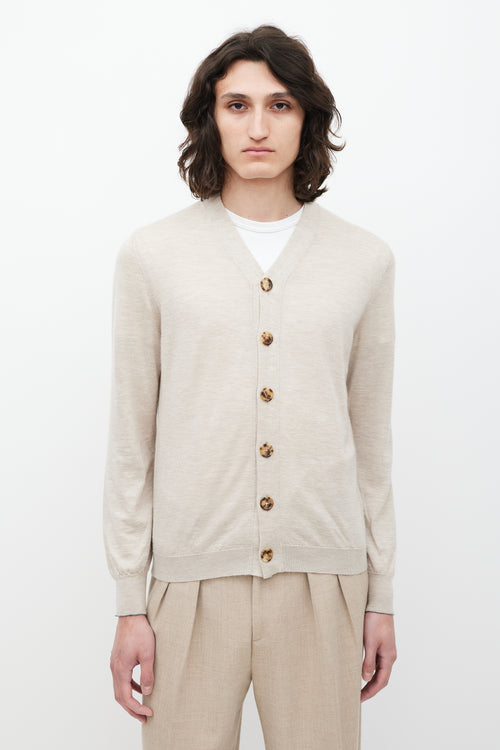 Brunello Cucinelli Beige Cashmere & Silk V-Neck Cardigan