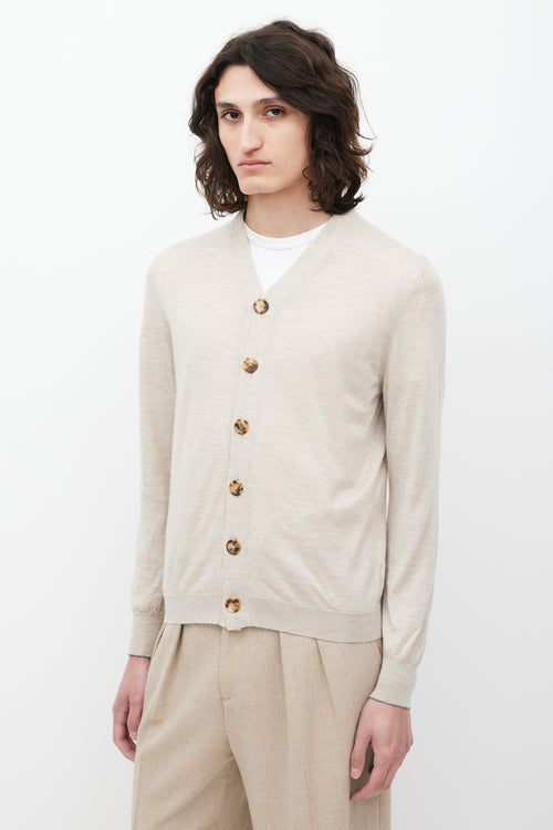 Brunello Cucinelli Beige Cashmere & Silk V-Neck Cardigan
